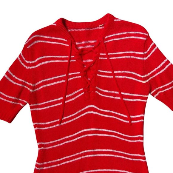 70s vintage stripe short sleeve sweater top boho 1970s acrylic tie neckline. - Picture 2 of 5